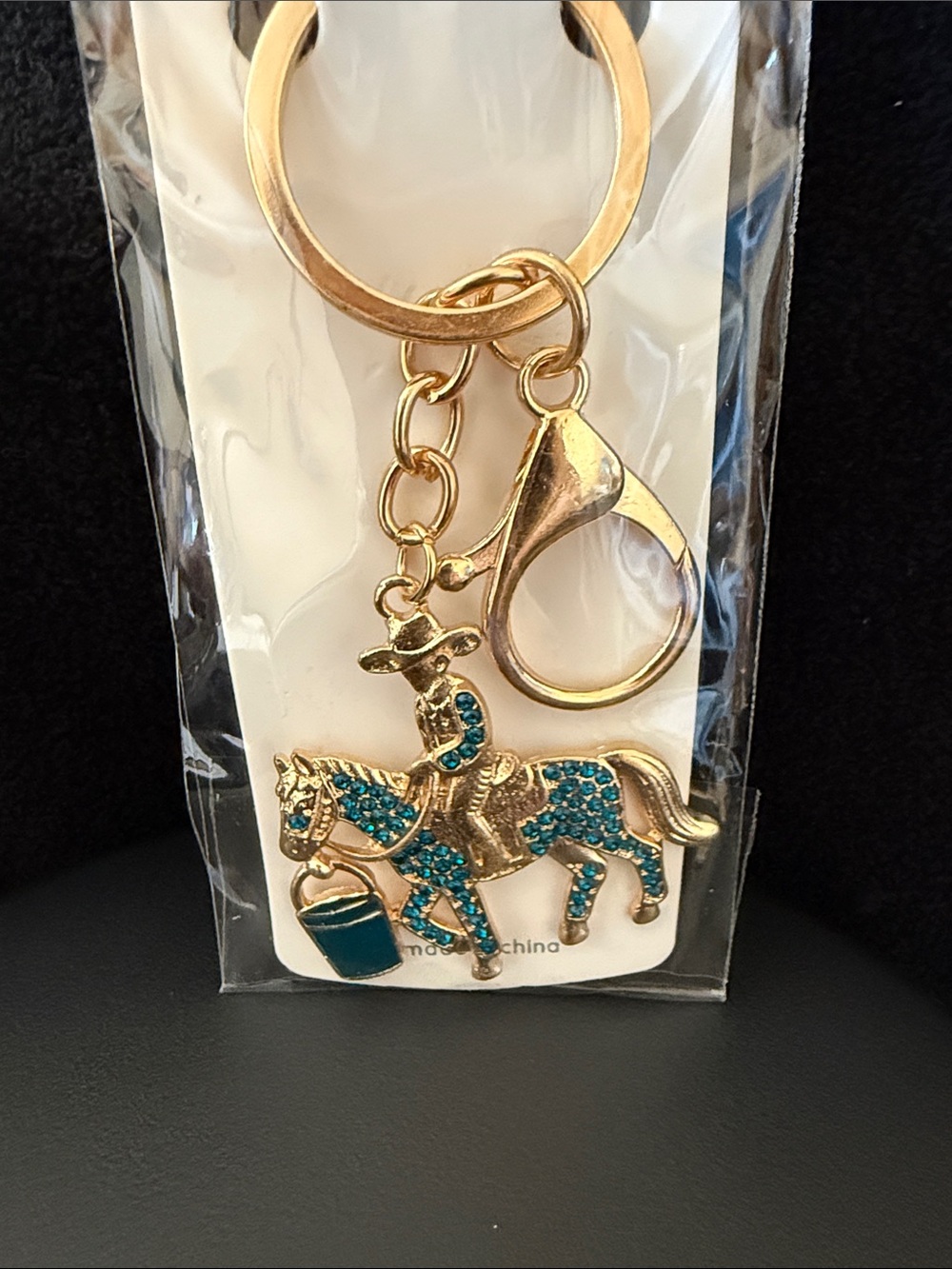 Gold-tone Cowboy on Horse Keychain with Teal Crystals - Unbranded